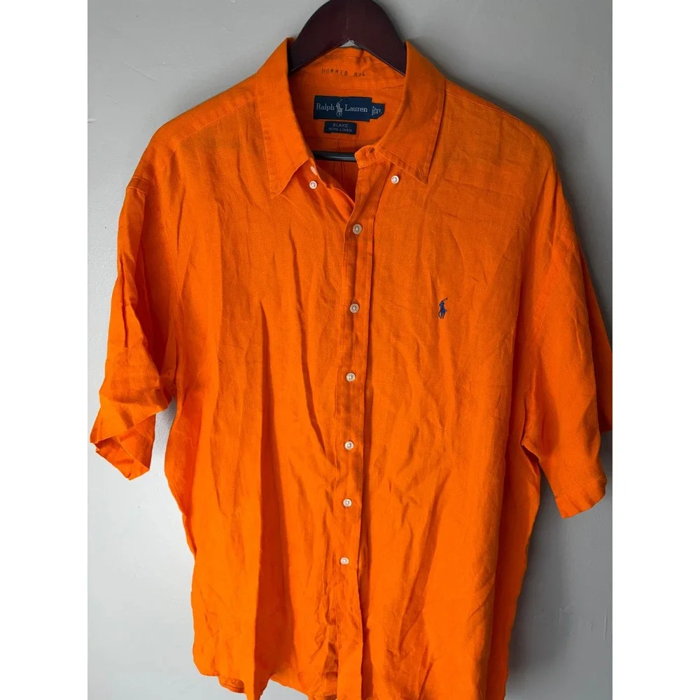 Polo Ralph Lauren Blake Orange 100% Linen Short Sleeve Button Down Shirt Mens XL